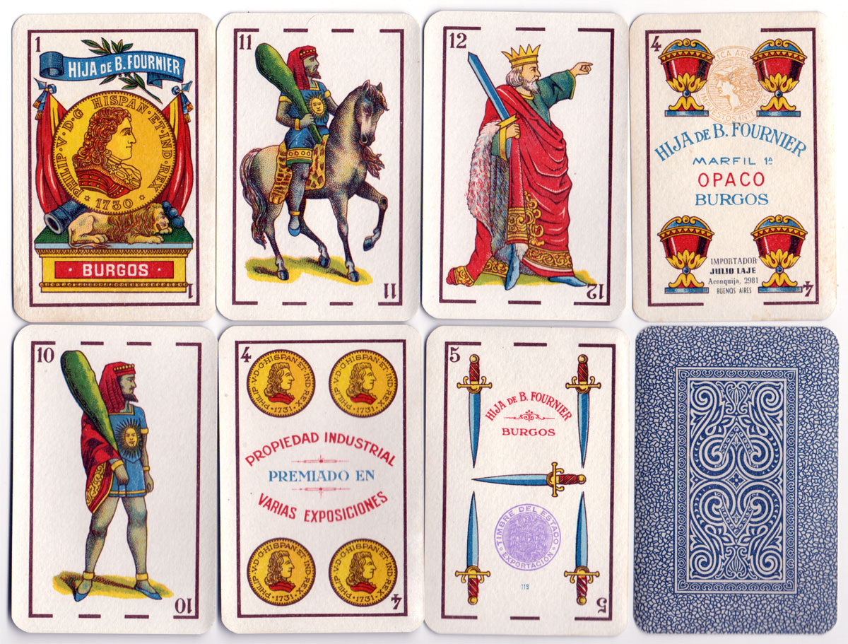 cards from a pack of 'Marfil 1ª' playing cards printed lithographically by Hija de B. Fournier, Burgos for export to Argentina, c.1945