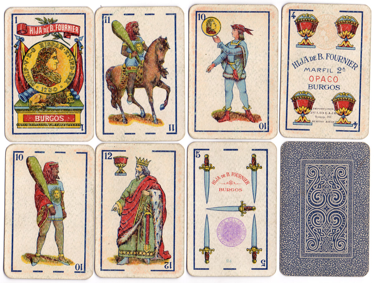 cards from a pack of 'Marfil 2ª' playing cards printed lithographically by Hija de B. Fournier, Burgos for export to Argentina, c.1940