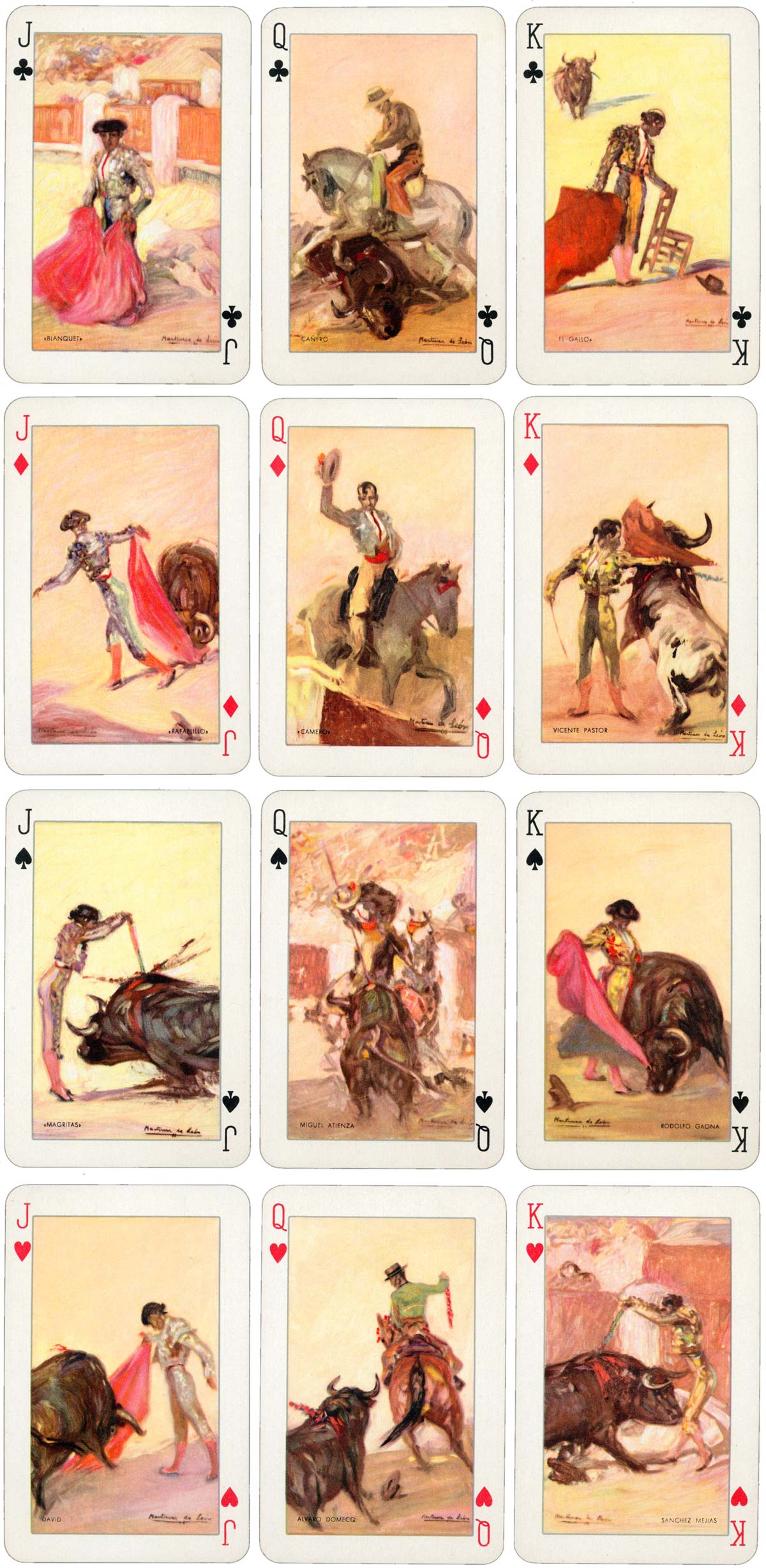 Bull-fighters pack published by Hijos de Heraclio Fournier, Vitoria (Spain) with artwork by Martínez de León, 1951