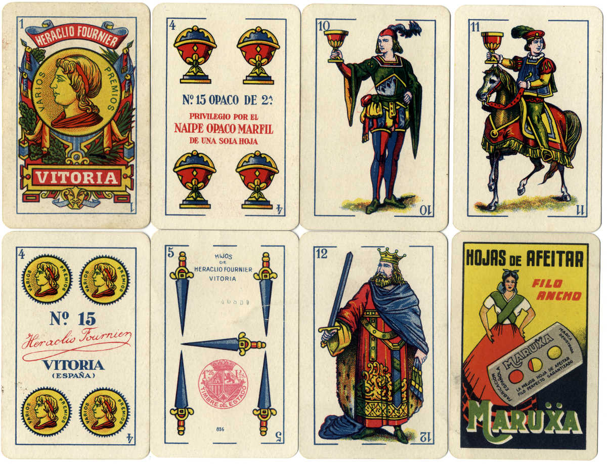 Naipe Opaco Marfil No.15 Spanish Castilian style playing cards made by Hijos de Heraclio Fournier for Maruẍa razor blades