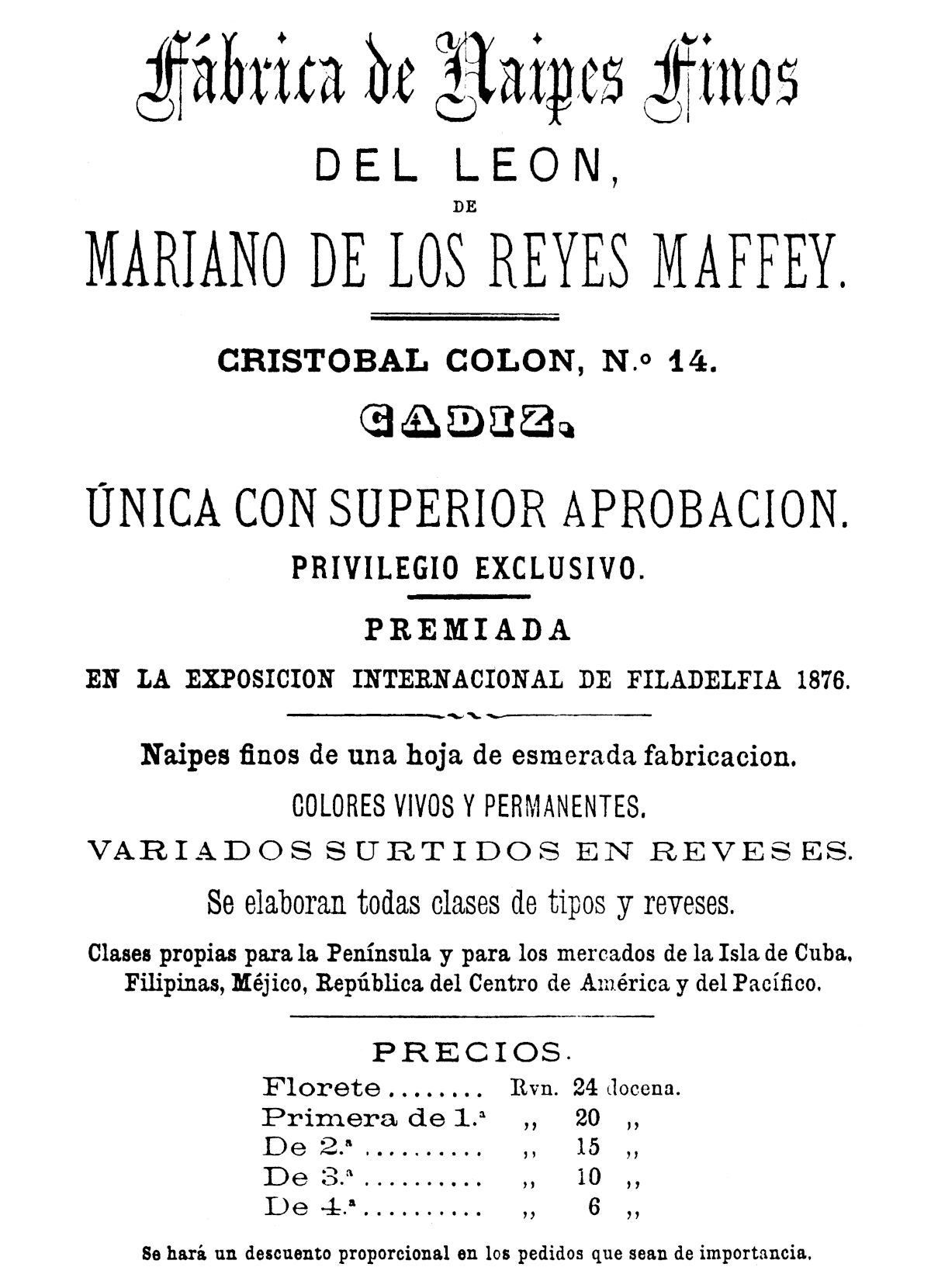 Primer anuncio de Mariano de los Reyes Maffei, 1879
