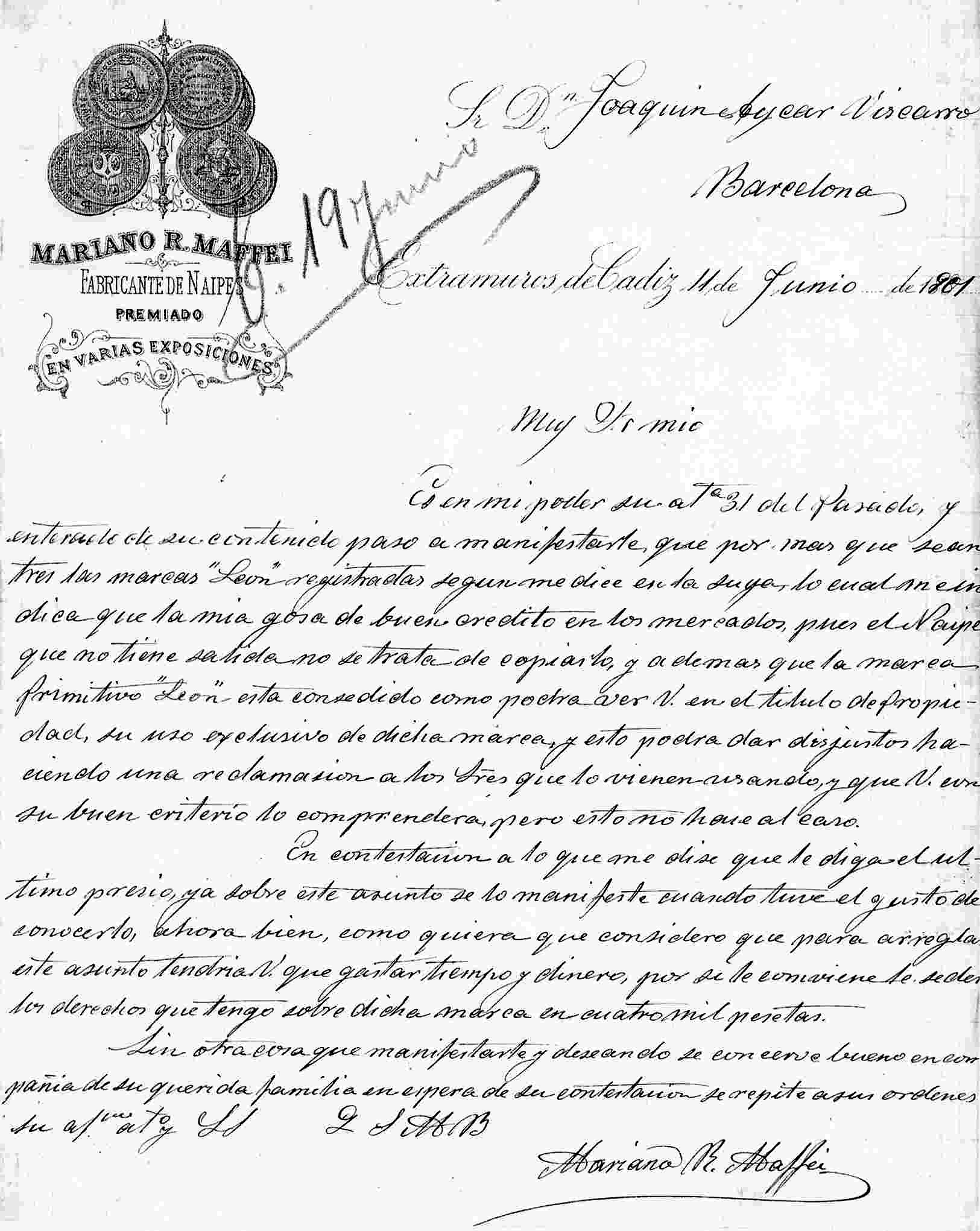 Carta autógrafa de Mariano de los Reyes Maffei, dirigida en junio de 1901 a uno de los intermediarios de Antonio Comas
