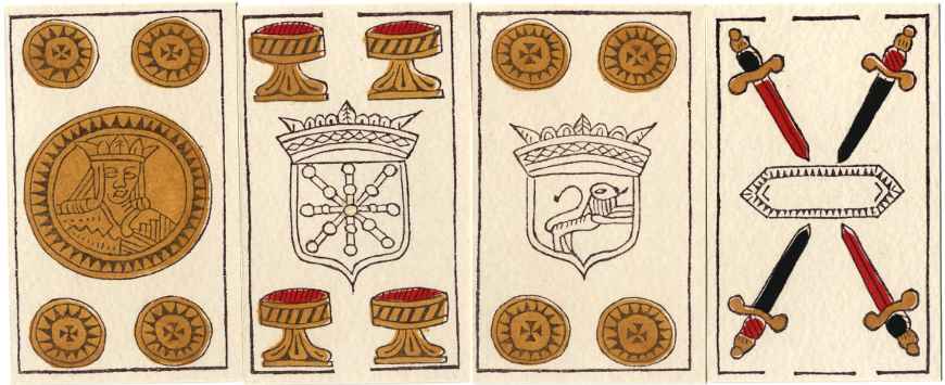 Facsimile of 17th century Spanish-suited playing cards produced by Erregeak, Sormen S.A., Vitoria-Gasteiz (Alava), Spain, 1988.