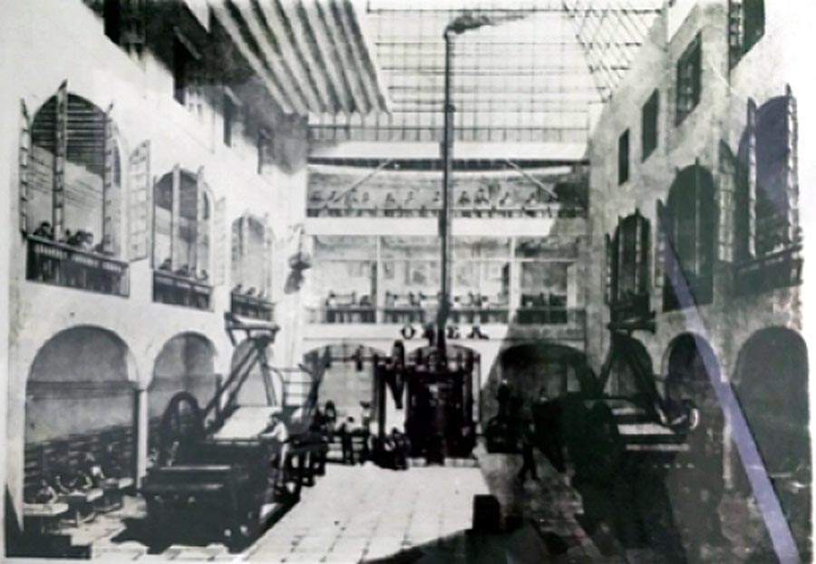 interior view of the Olea playing card factory showing steam-powered presses and workers engaged in the various stages of manufacture, late 19th century interior view of the Olea playing card factory showing steam-powered presses and workers engaged in the various stages of manufacture, late 19th century