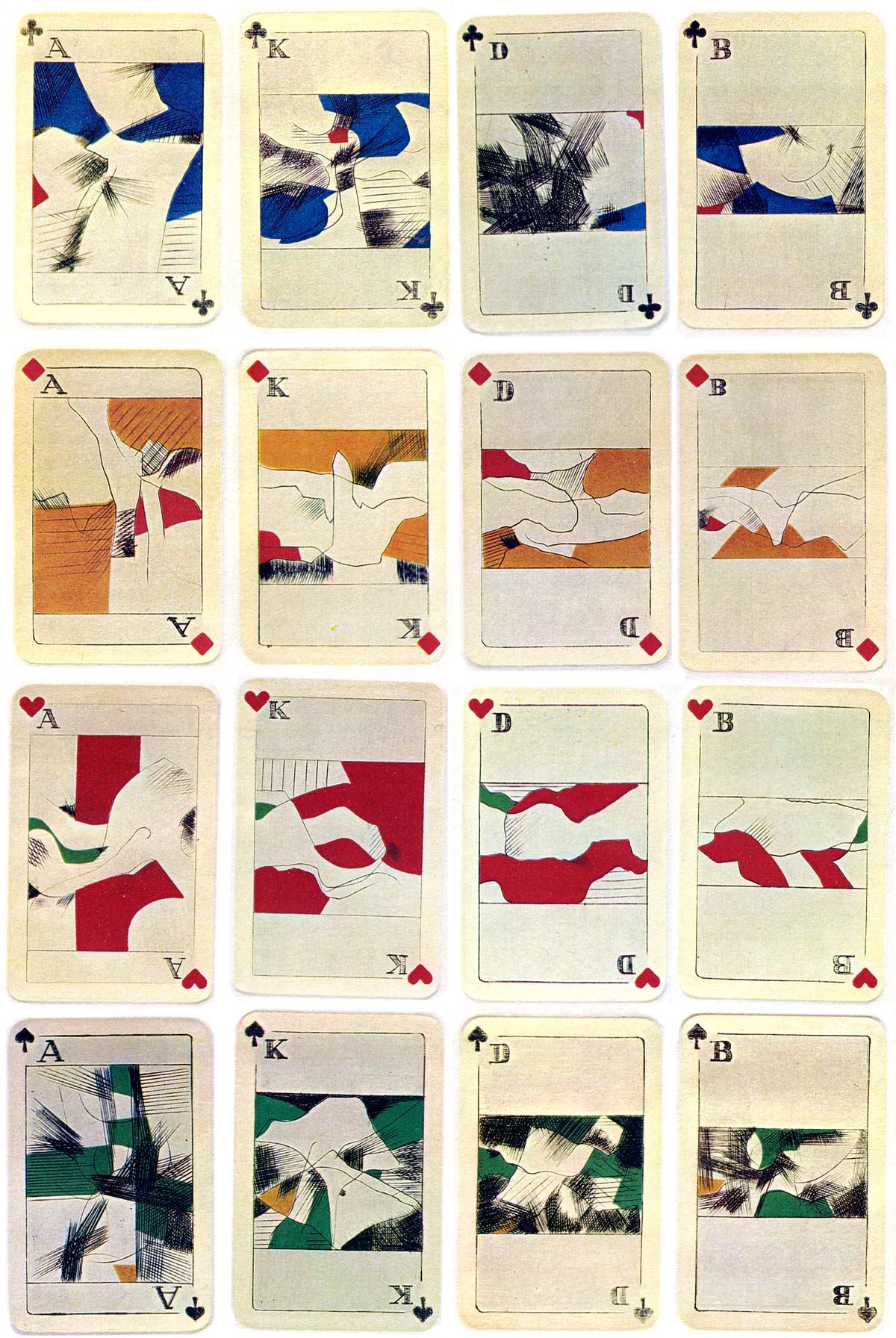 “Abstract Bridge” playing cards, printed from copperplate engravings and hand-coloured with stencils by Egbert Moehsnang, c.1975