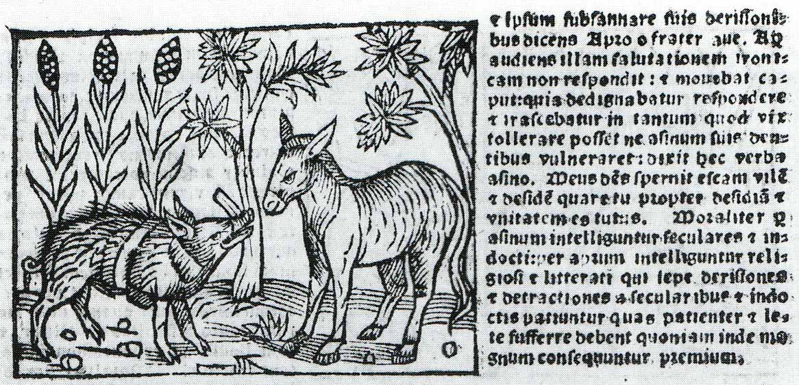 Boar and Ass illustration from a woodcut series of Aesop, Genoa, 1557