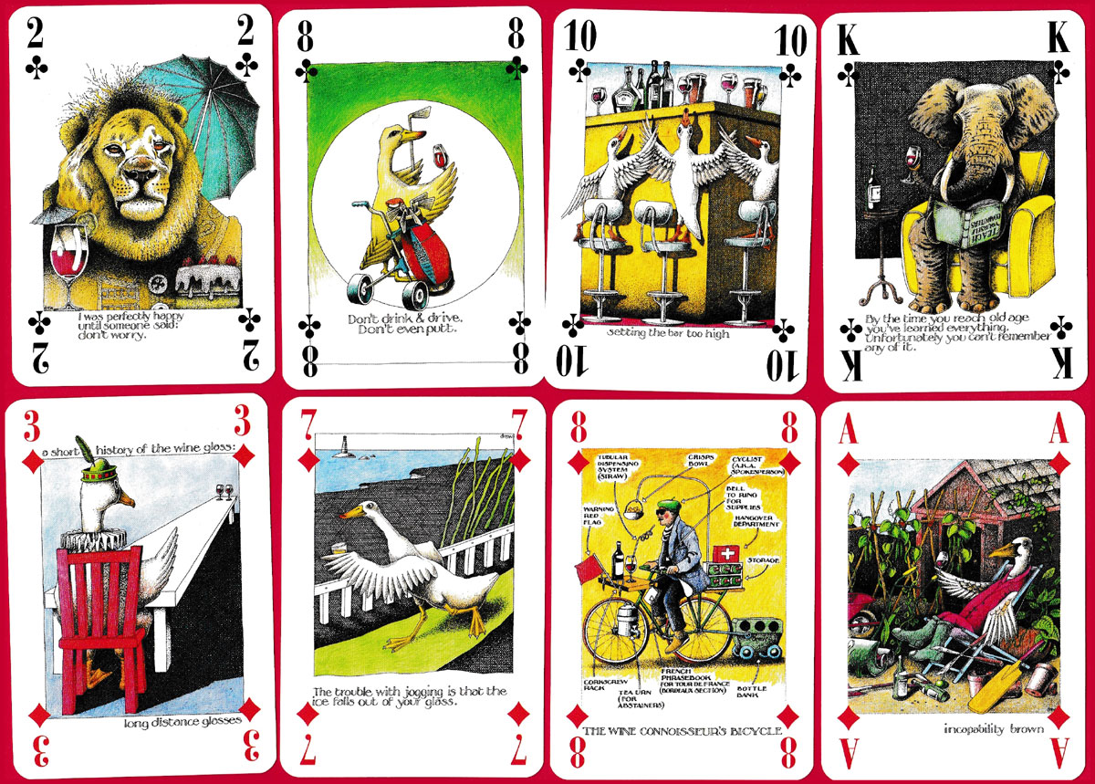 Wisdom of Wine playing cards by the English illustrator Simon Drew and published by British Heritage Ltd