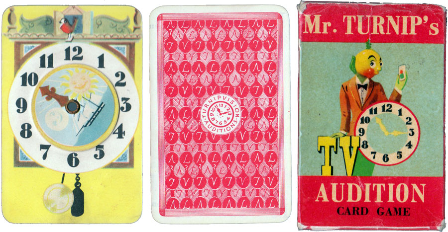 Extra card, reverse and box from Mr Turnip’s TV Audition Card Game published by Ariel Productions Ltd., 1954