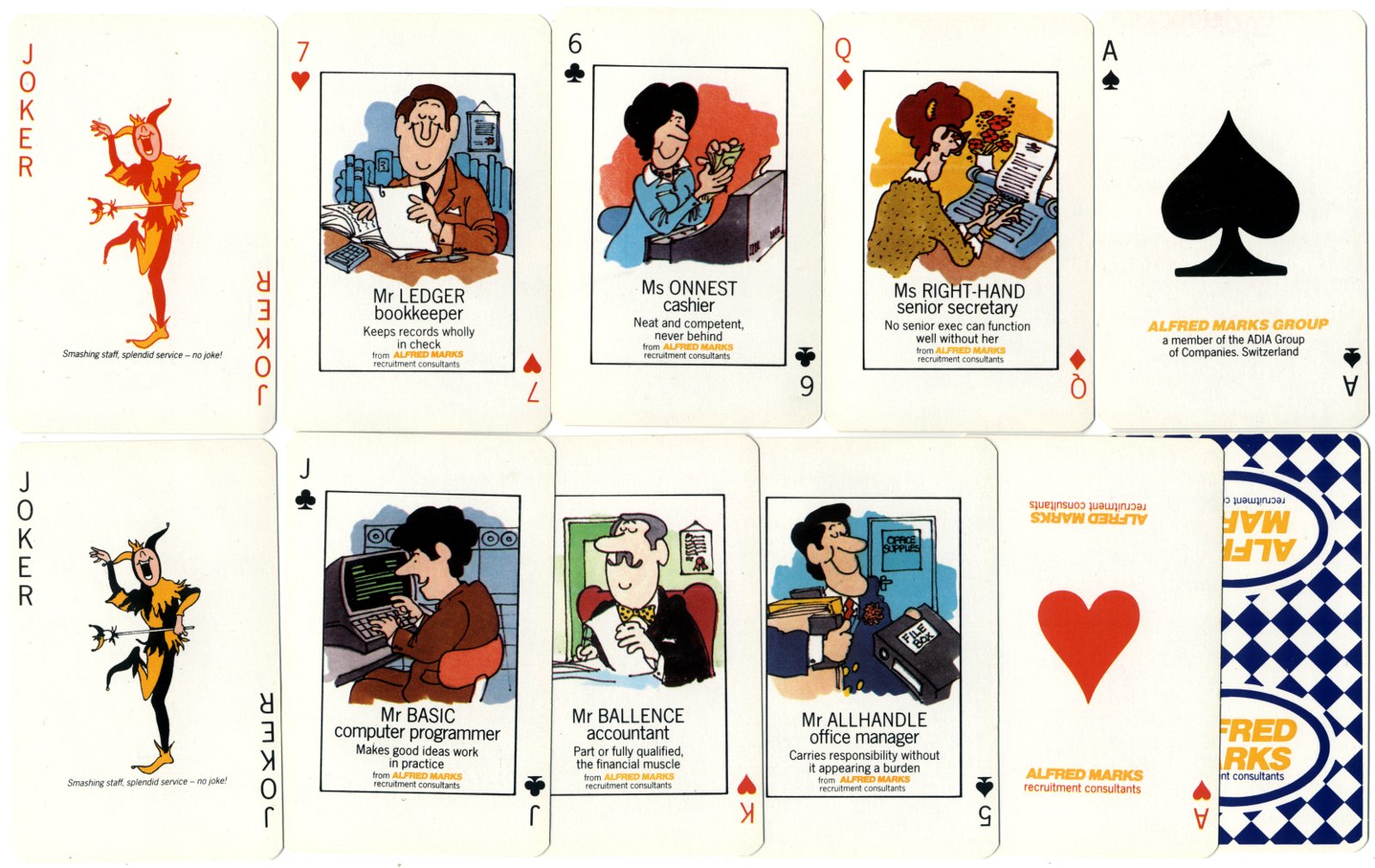 Alfred Marks Recruitment Consultants publicity playing cards, mid-1980s