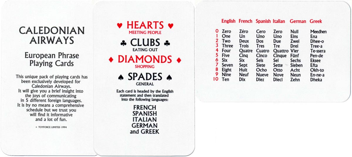 “European Phrase” playing cards produced by Toyforce Ltd for Caledonian Airways, 1994