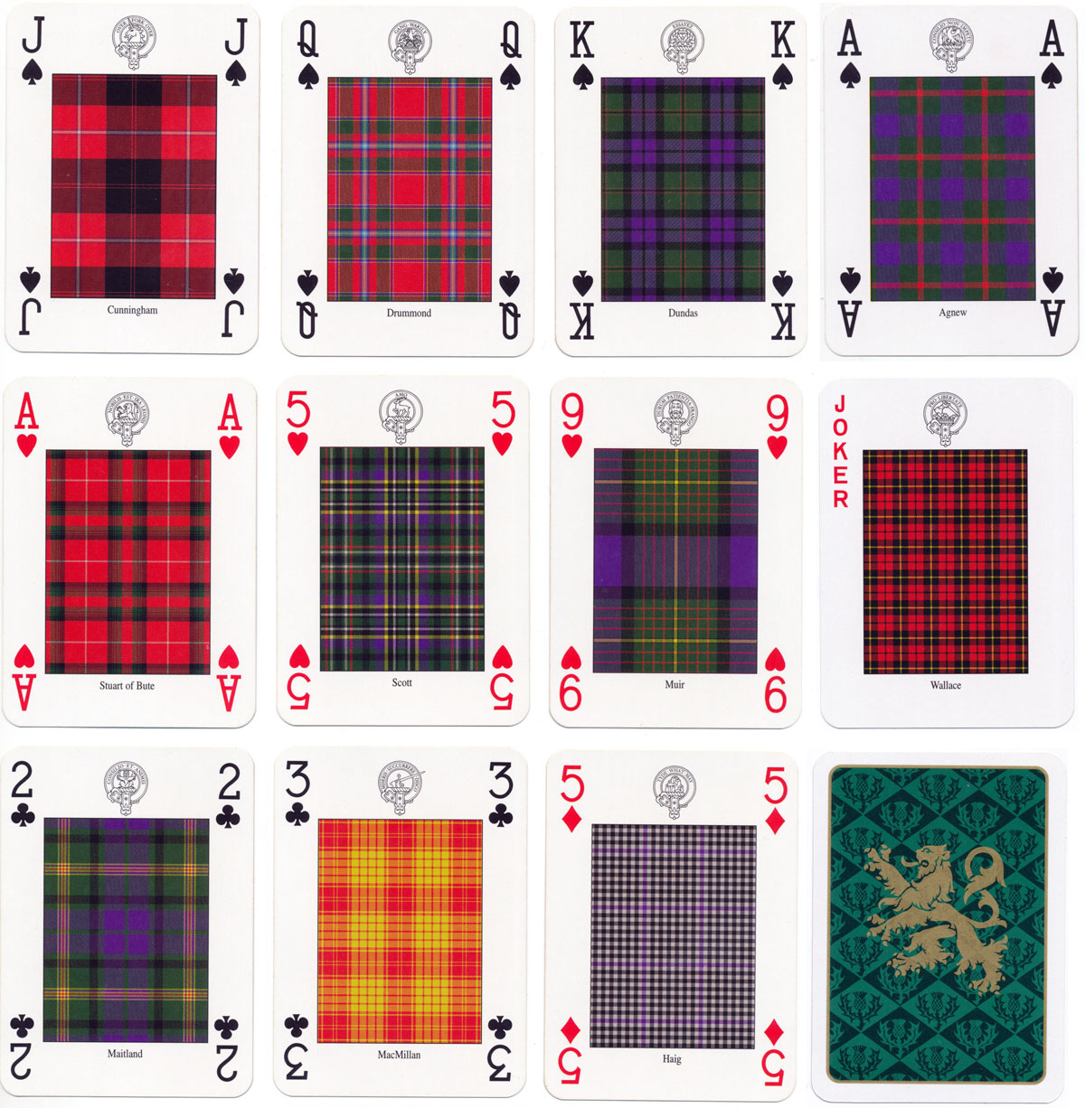 “Clans & Tartans of Scotland” deck of cards designed and illustrated by Romilly Squire, 1997. 