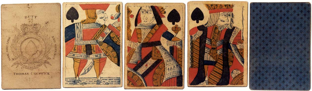 standard pack of English playing cards with 'Garter' Ace of Spades manufactured by Thomas Creswick, c.1825