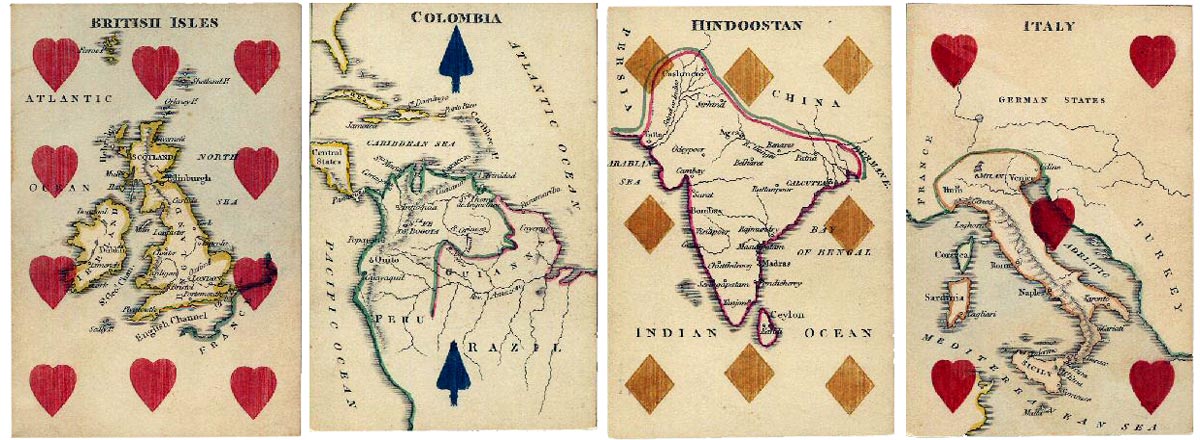 Map cards with stencilled suit symbols