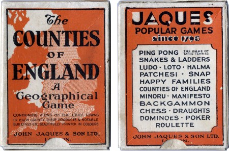 Jaques' Counties of England card game box, c.1930