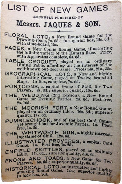 extra card with list of new games, c.1880