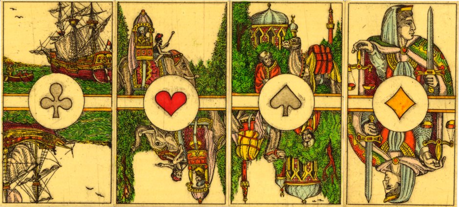 4 Aces from an uncut sheet of hand-made playing cards by Karl Gerich, '4 corners of the World', 1984