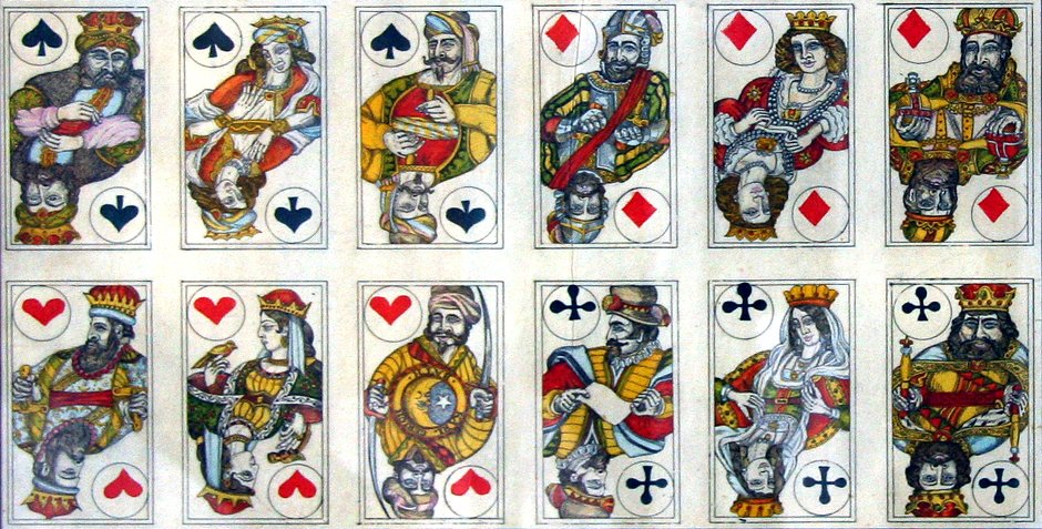 cards from an uncut sheet of hand-made playing cards by Karl Gerich, '4 corners of the World', 1984