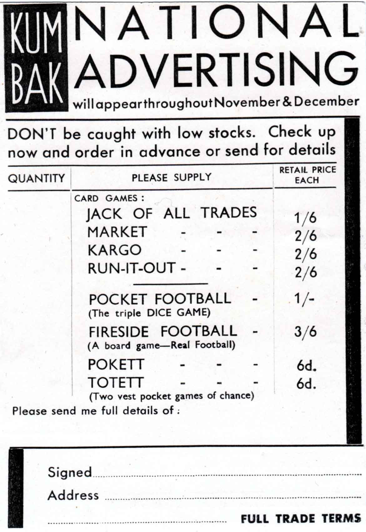 order form from Kum-Bak in the mid 1930s