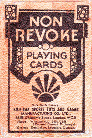 Non-Revoke Playing Cards manufactured by Universal Playing Card Co Ltd for Kum-Bak Sports, Toys & Games, c.1930