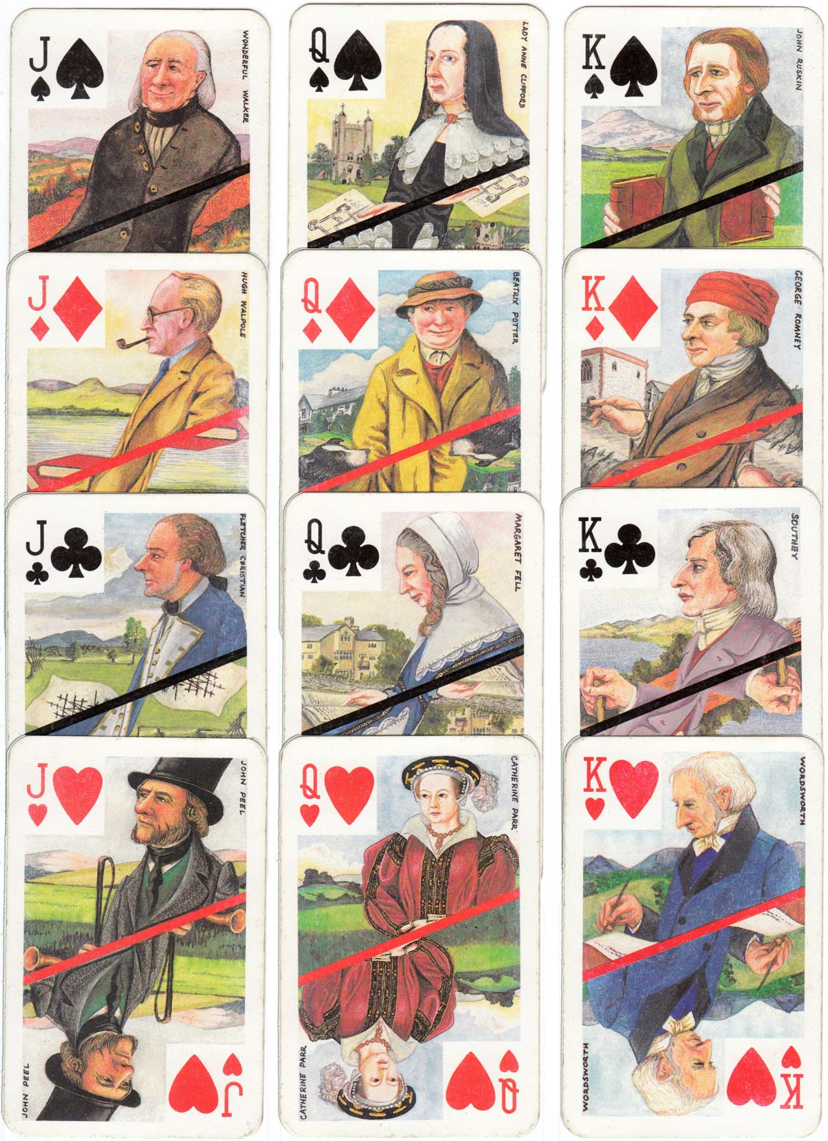 Lakeland playing cards designed by Stuart Lawrence depicting famous characters & views of England’s Lake District, c.1988