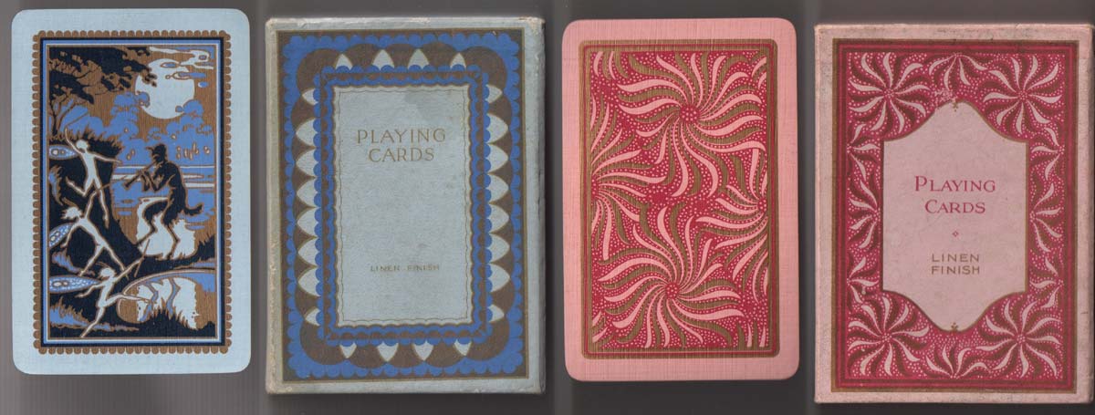 Playing cards printed by Waddingtons for the Wills gift scheme, 1933-34. Left one with blue and gold edges