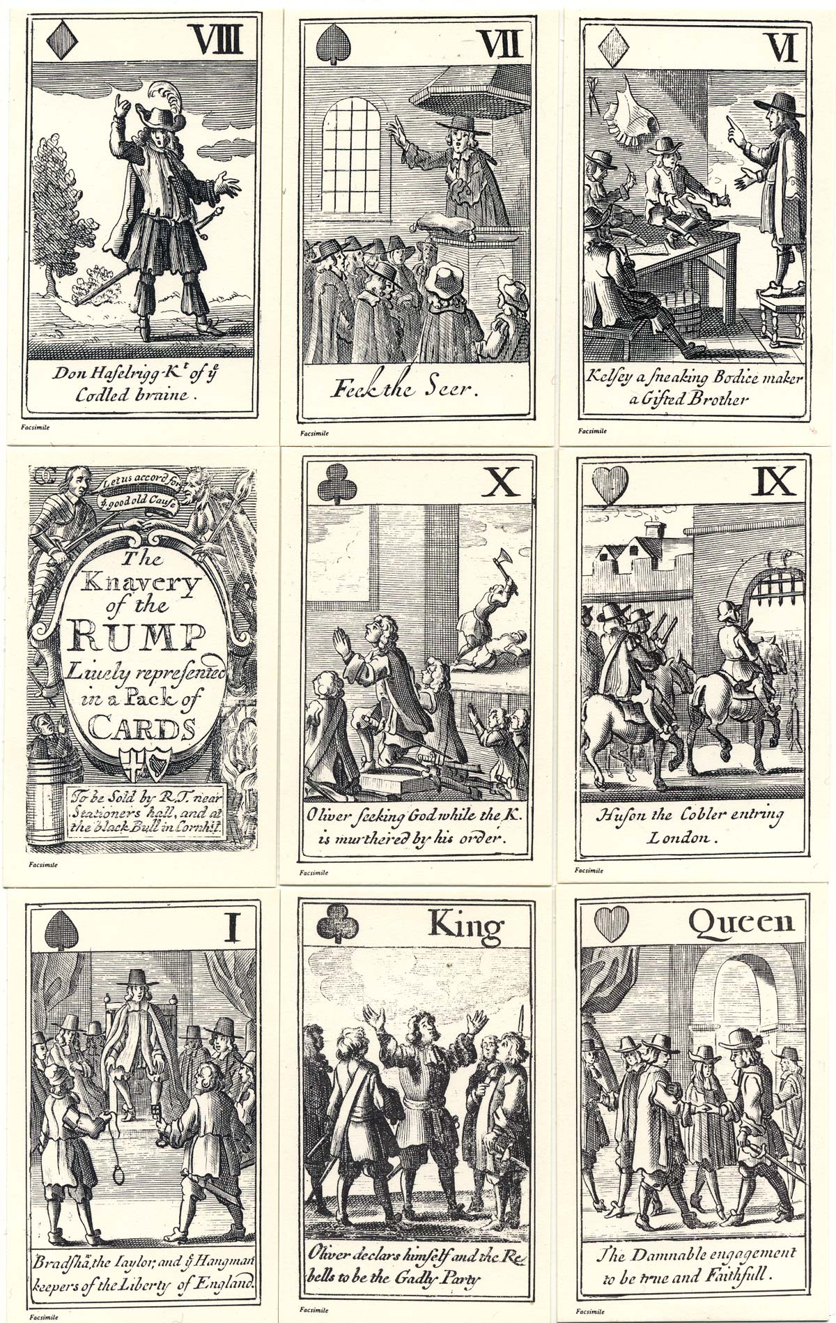 The Knavery of the Rump playing cards are a satirical portrayal of Cromwell's Government during the period 1648-53