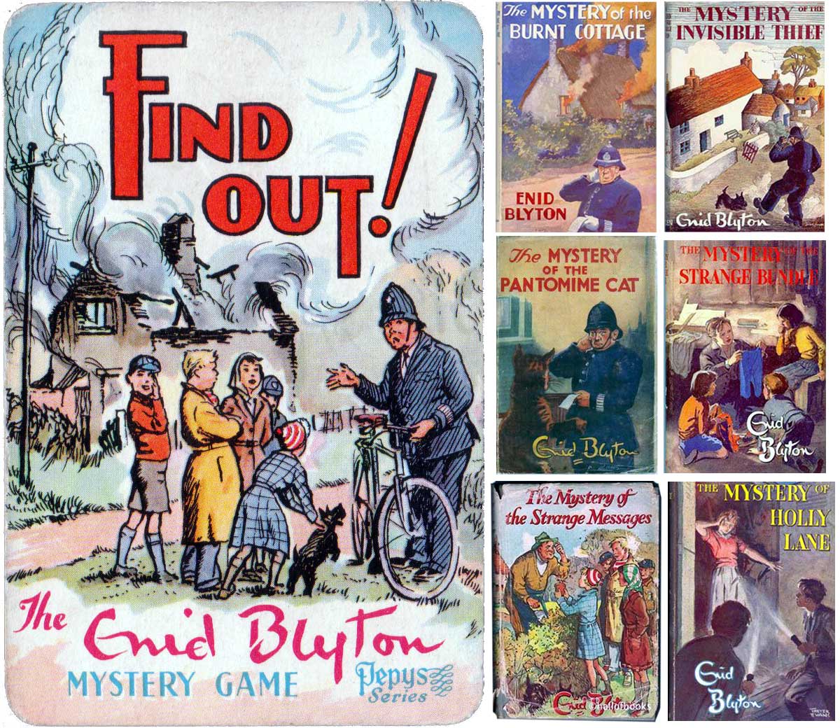 Find Out mystery card game published by Pepys, 1958 and book covers by Enid Blyton