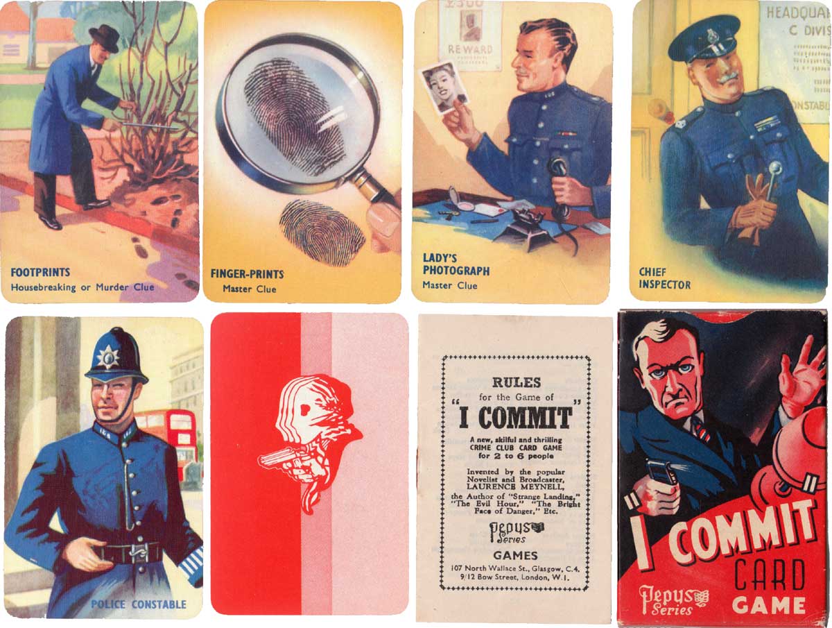 “I Commit” crime club card game invented by Laurence Meynell, Pepys Games, 1948 I Commit crime club card game invented by Laurence Meynell, Pepys Games, 1948