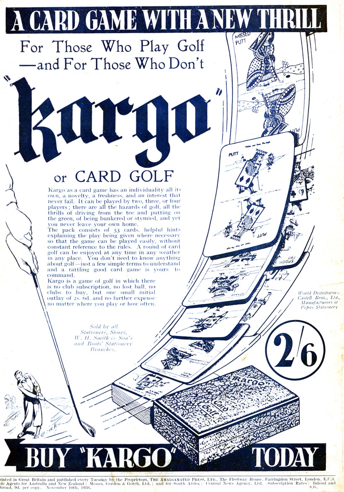 Kargo golf card game manufactured by Castell Brothers Ltd for Pepys Games, c.1936