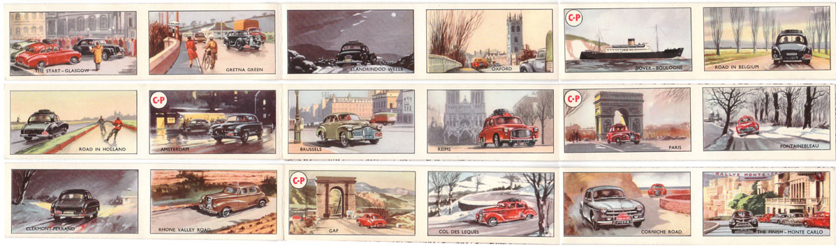 Rally card game route strips by Pepys, 1955