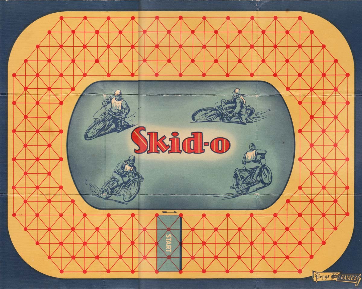 Skid-o motorcycle card game by Pepys, 1951