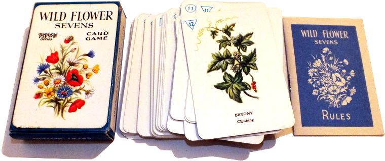 box and rules from Wild Flower Sevens card game by Pepys Games box and rules from Wild Flower Sevens card game by Pepys Games
