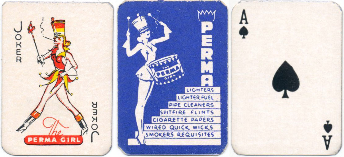 Miniature pocket playing cards advertising “Perma” smoker’s requisites published by Permalon Ltd, London W1, c.1948