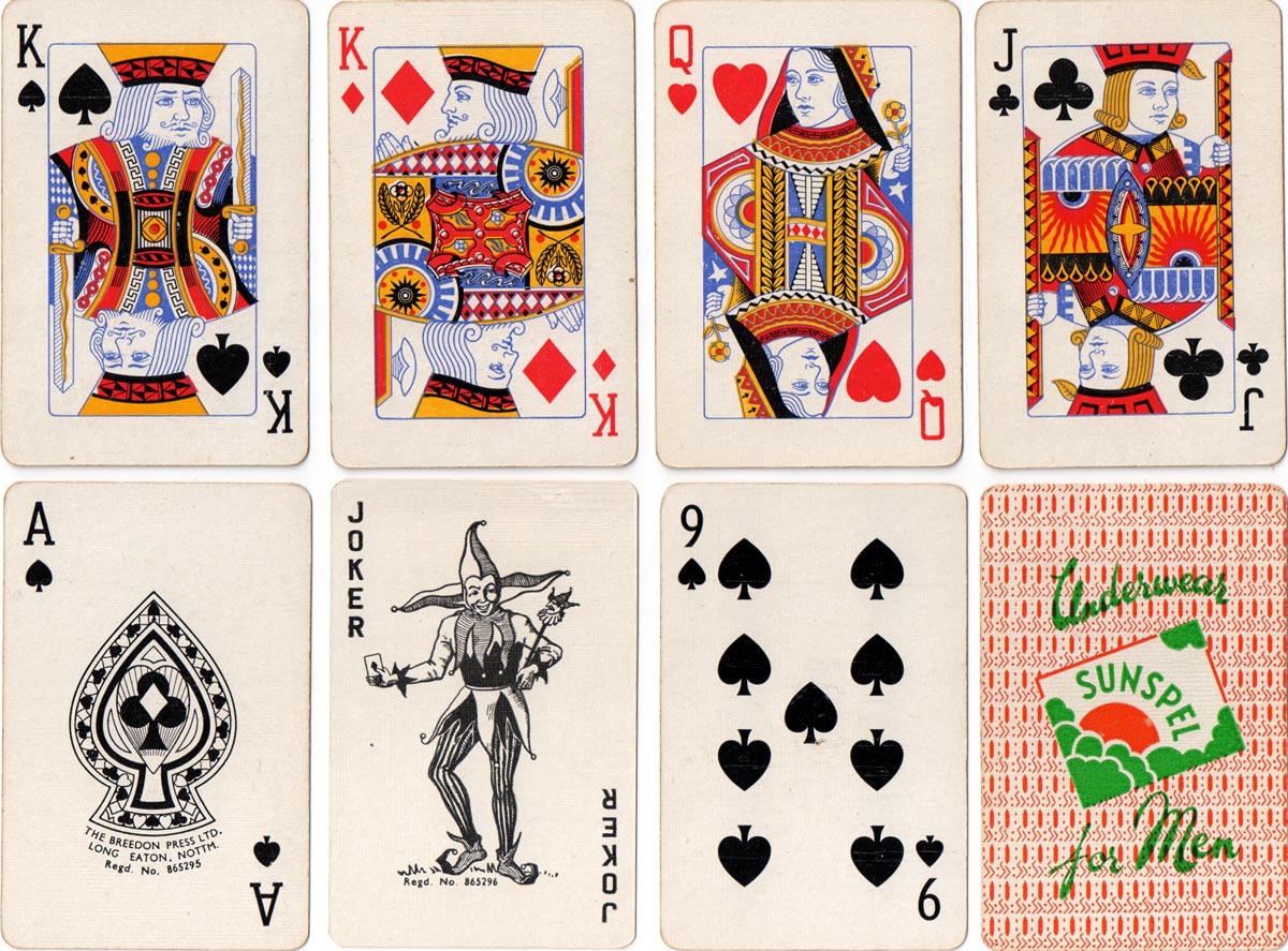 playing cards advertising Sunspel underwear printed by the Breedon Press Ltd, Nottingham, c.1958