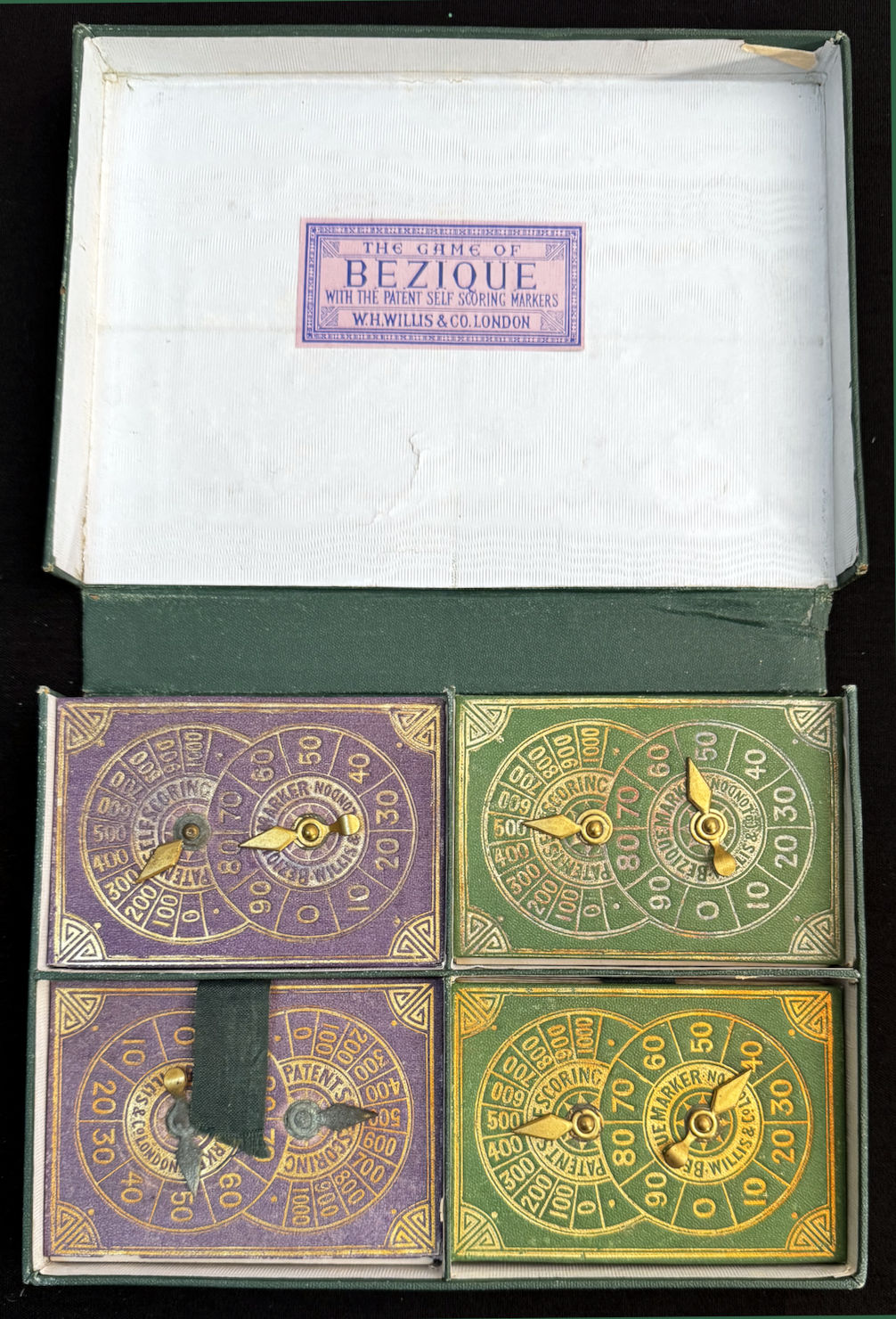 Quadruple Bézique set with self-scoring markers published by Willis & Co, London, c.1870s