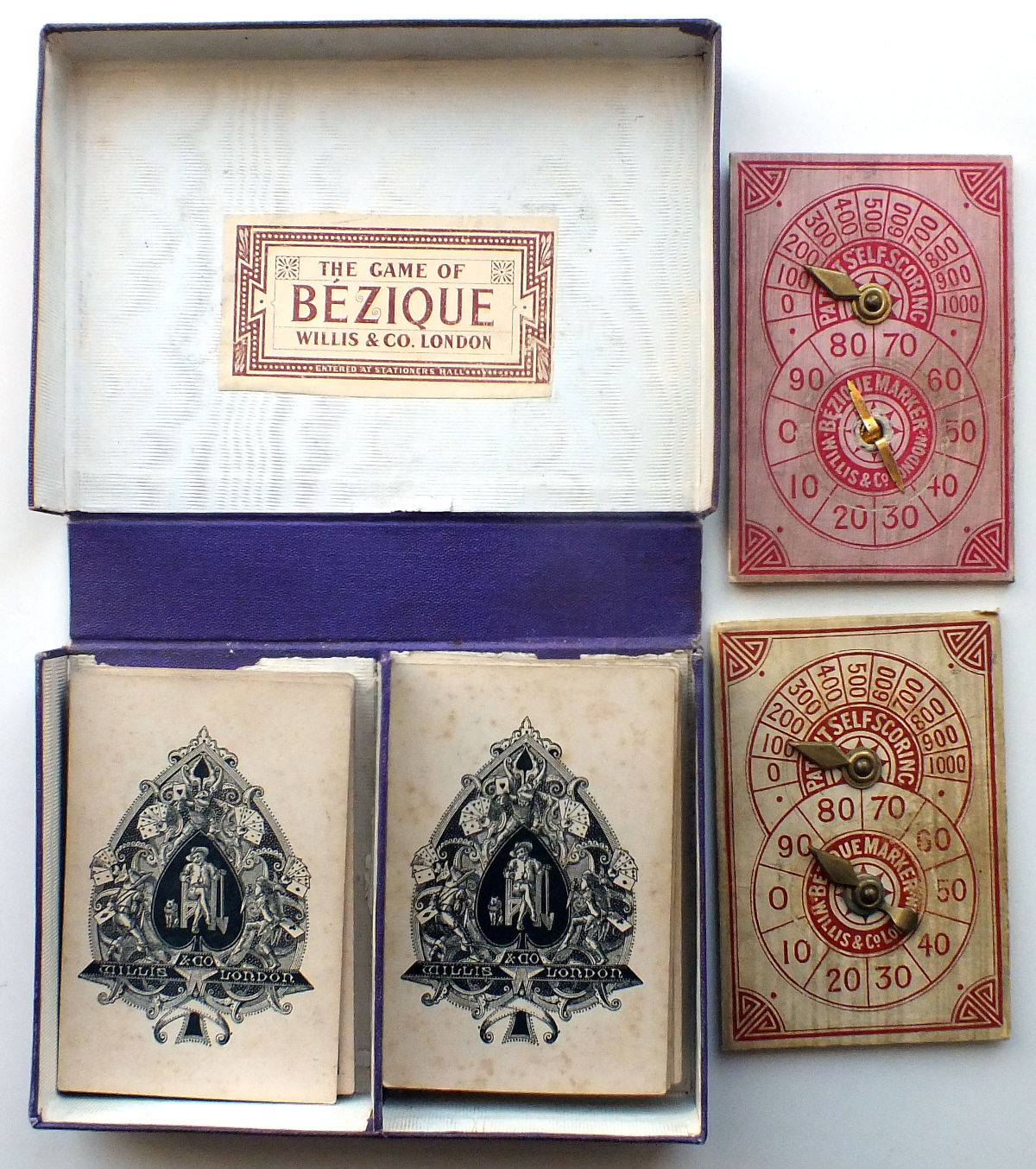 Quadruple Bézique set with self-scoring markers published by Willis & Co, London, c.1870s