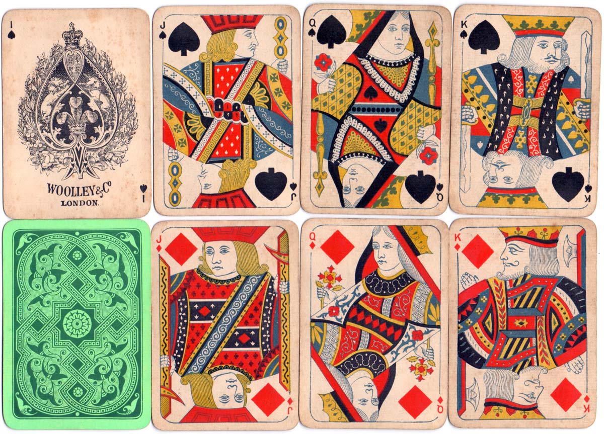 Woolley & Co: “Eureka” playing cards with rounded corners, small index pips and decorative back design, c.1880-1885 Woolley & Co: “Eureka” playing cards with rounded corners, small index pips and decorative back design, c.1880-1885