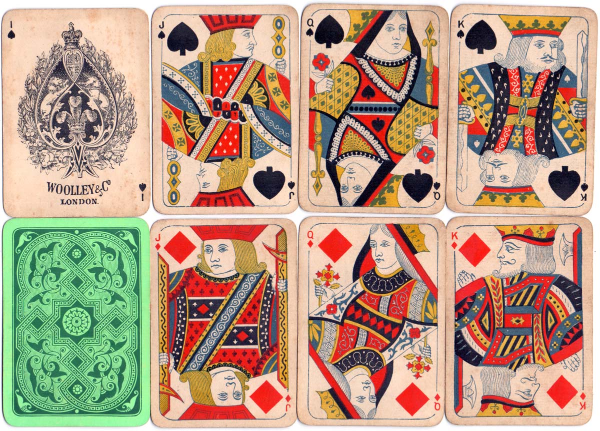 Woolley & Co: “Eureka” playing cards with rounded corners, small index pips and decorative back design, c.1880-1885