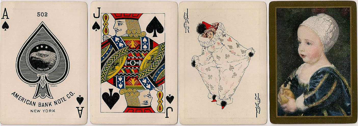 American Bank Note Co. No.502 playing cards with pictorial back designs and “Baggy Clown” Joker, c.1910