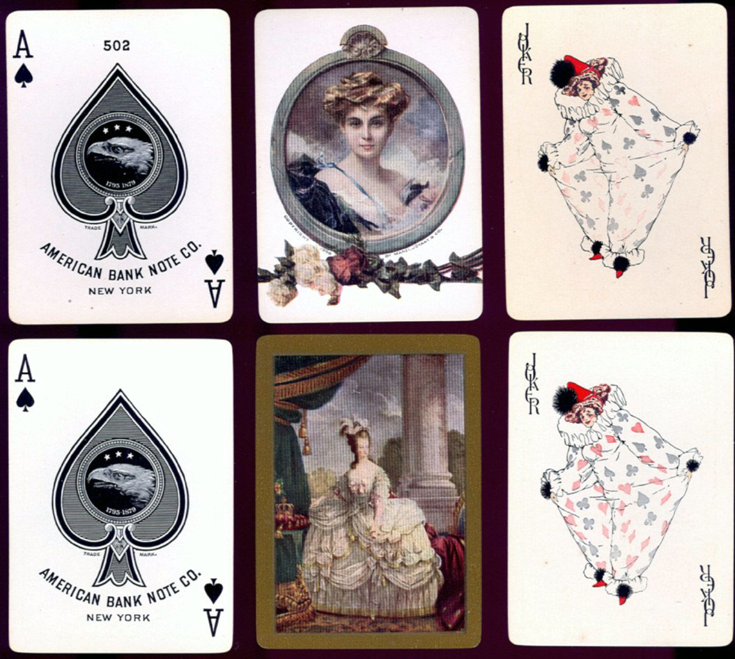 American Bank Note Co. No.502 playing cards with pictorial back designs and “Baggy Clown” Joker, c.1910