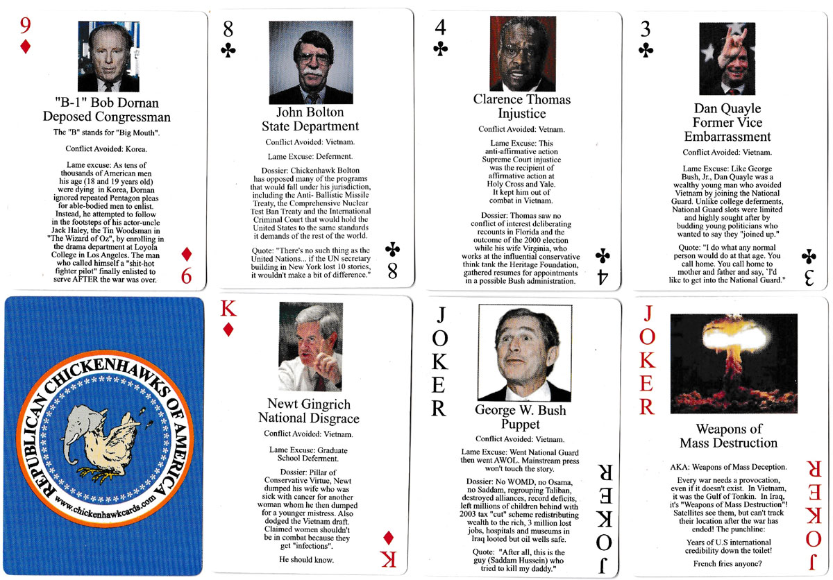 “Republican Chickenhawks of America” playing cards published by Jerry A. Vasilatos, Nitestar Productions, USA, 2003