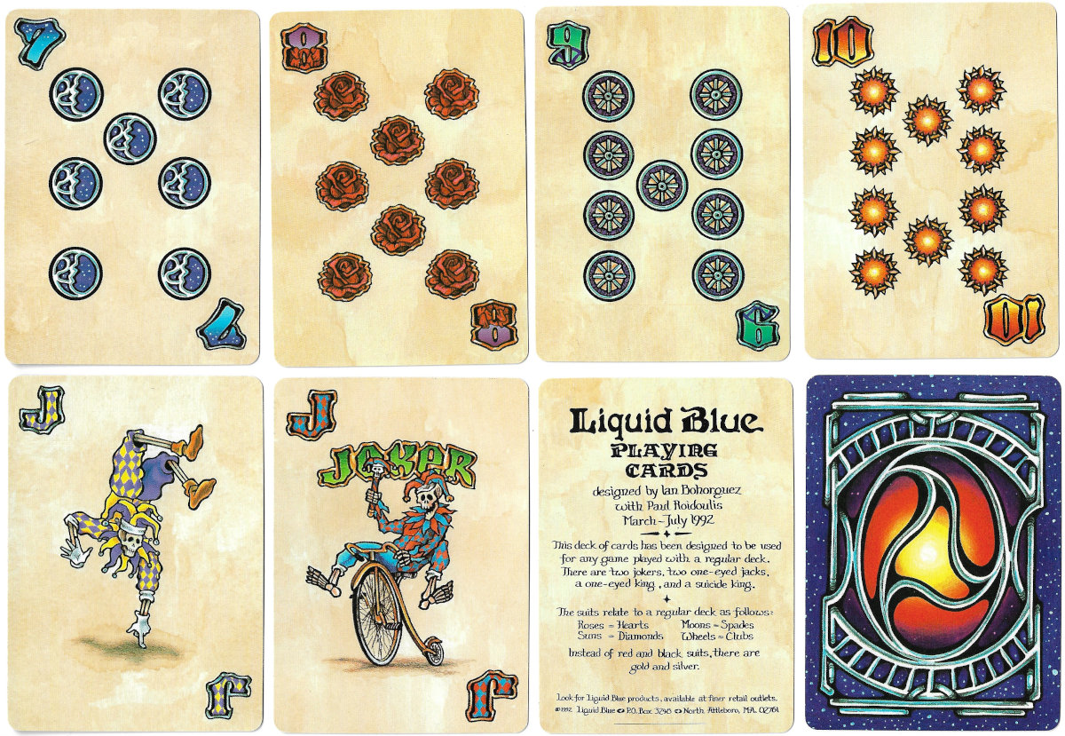 Grateful Dead Liquid Blue playing cards designed by Ian Bohorquez and Paul Roidoulis, USA, 1992