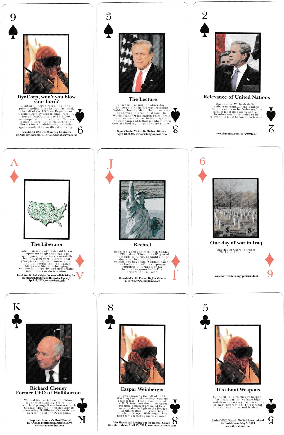 “Operation Hidden Agenda” playing cards designed by Kathy Eder and published by Liberty Playing Card Company, USA, 2003