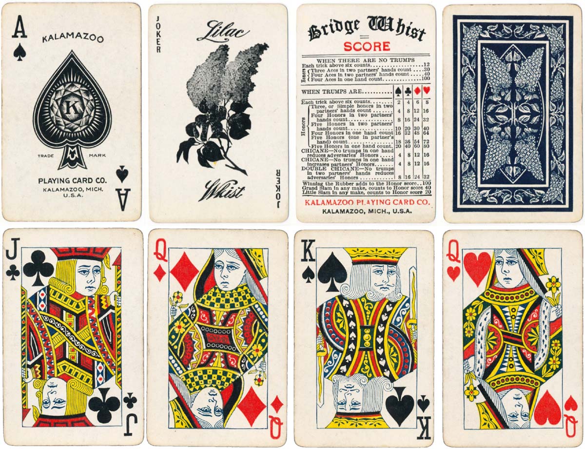 “Lilac Whist” playing cards manufactured by the Kalamazoo Playing Card Co., c.1906