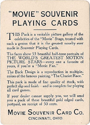 Movie Souvenir playing cards published by the Movie Souvenir Card Co., Cincinnati, USA, 1916