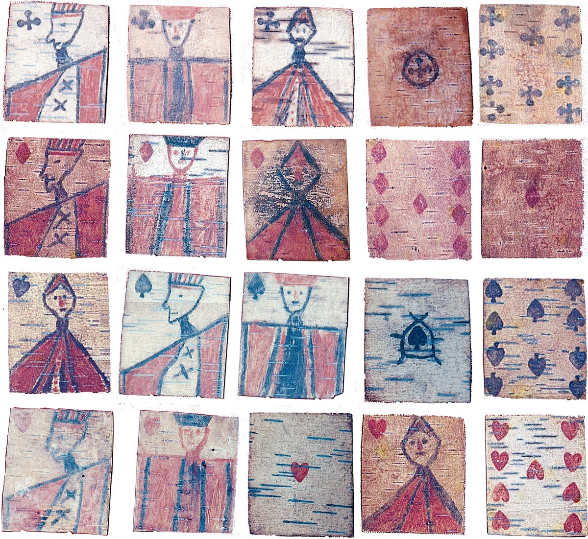 Ojibwa Native Indian playing cards hand manufactured on birch bark in imitation of standard French / English cards, c.1875