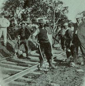 detail from Panama Canal souvenir card showing Spanish and Italian workmen, 1908