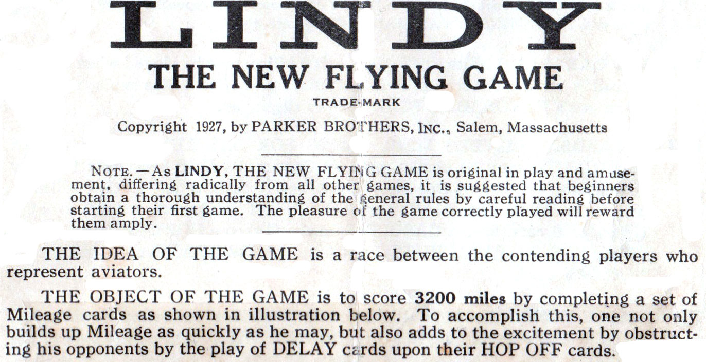 ‘Lindy’ the flying game by Parker Brothers, 1927