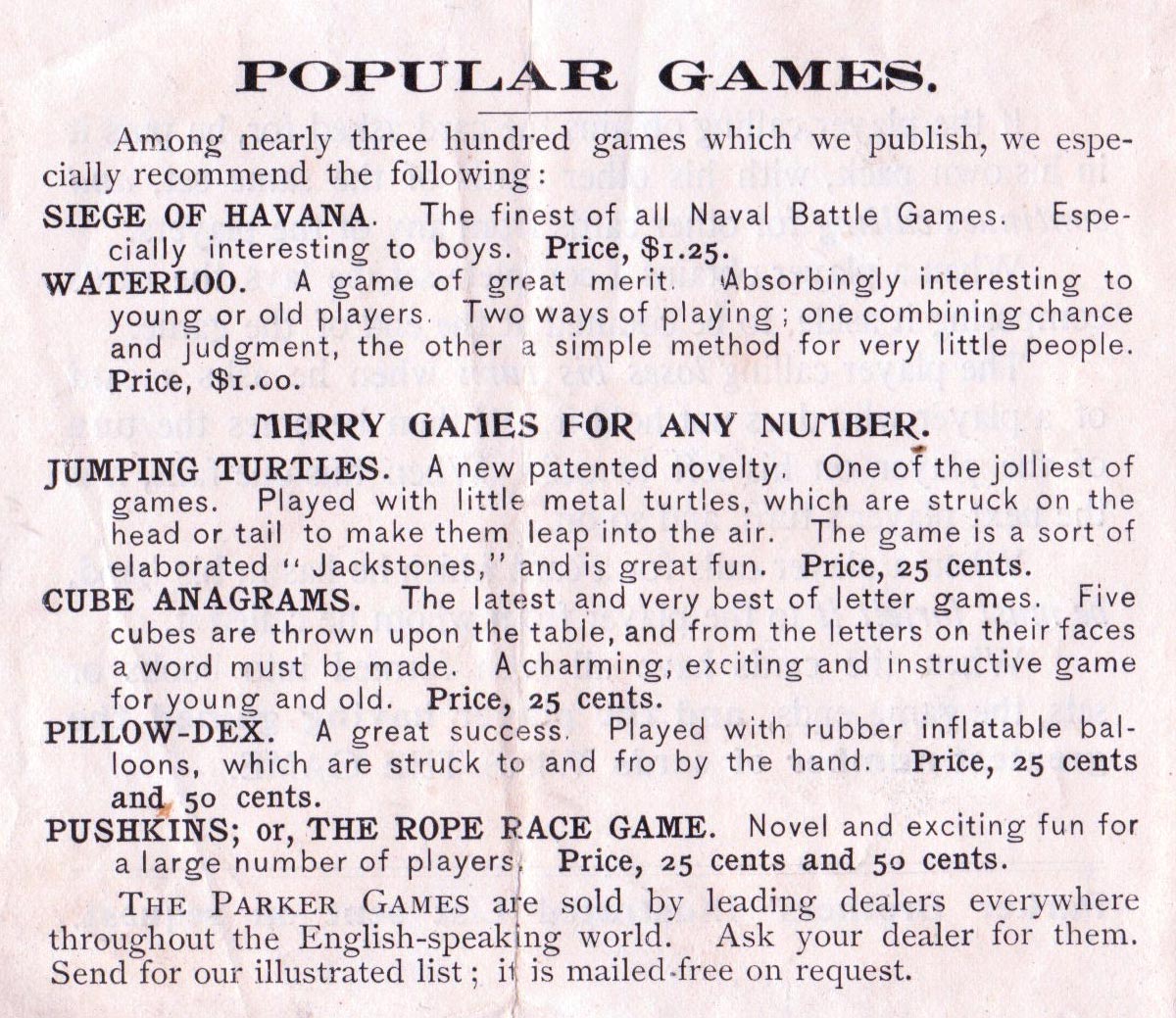 Games list, c.1900