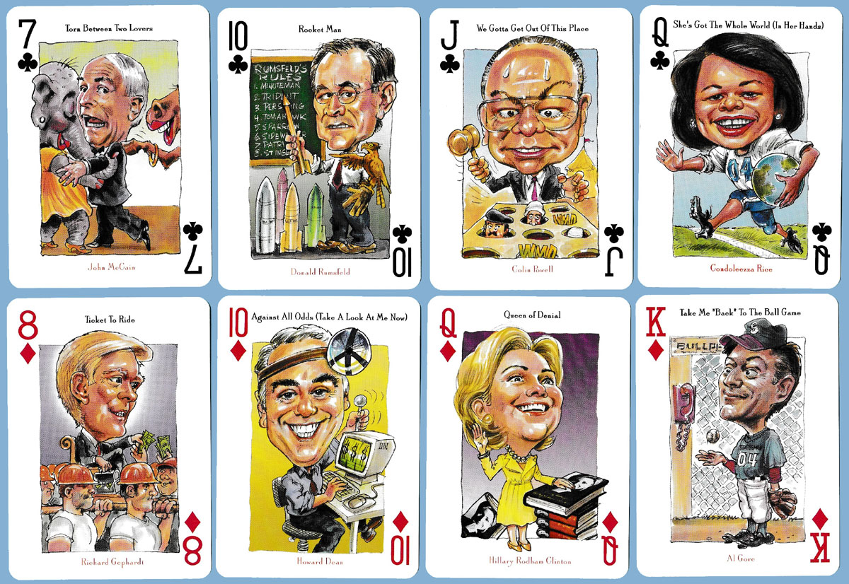 Politicards 2004 with satirical cartoons by illustrator Peter Green, USA, 2004